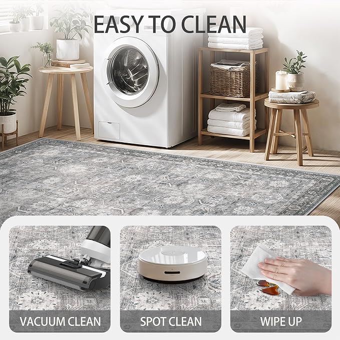 Large Area Rug 10x14, Soft Non Slip Low Pile Washable Rug, Boho Modern Area Rug for Living Room, Bedroom, Dining Room, Distressed Grey