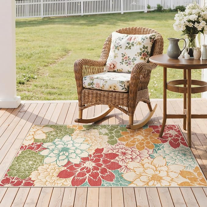 GENIMO 3x5 Outdoor Rug, Washable for Porch and Balcony, Rust Teal | Floral design for entryway; fade resistant chenille with quick-dry non-slip backing for indoor mudroom
