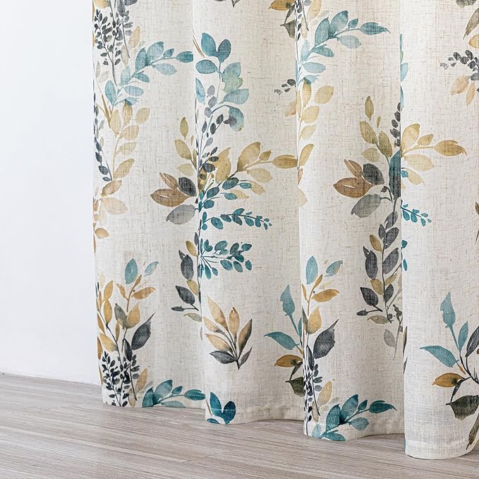 MYSKY HOME Floral Linen Curtains 45 inch Length 2 Panels Set Leaf Patterned Semi Sheer Light Filtering Privacy Farmhouse Grommet Drapes for Bedroom Small Window, 52" Wide Each Panel, Yellow and Blue