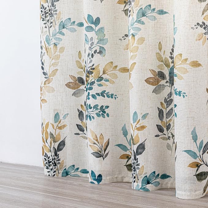 MYSKY HOME Floral Linen Curtains 54 inch Length 2 Panels Set Leaf Patterned Semi Sheer Light Filtering Privacy Farmhouse Grommet Drapes for Bedroom Small Window, 52" Wide Each Panel, Yellow and Blue