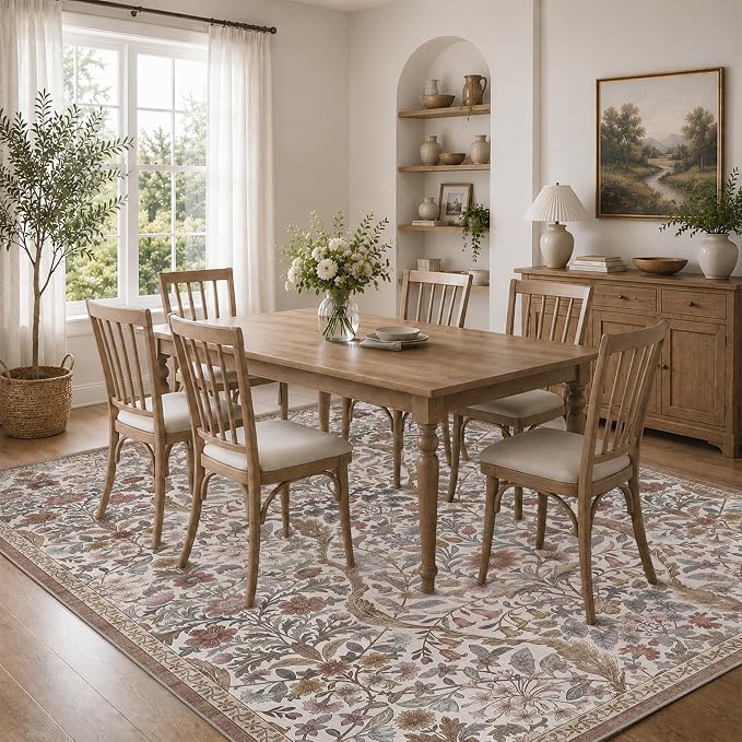 Floral Washable 6x9 Area Rug，Vintage Khaki Beige Boho Rugs for Living Room, Soft Low-Pile Non-Slip Stain Resistant & Non-Shedding Carpet for Bedroom, Dining Room, Office, Entryway, Nursery