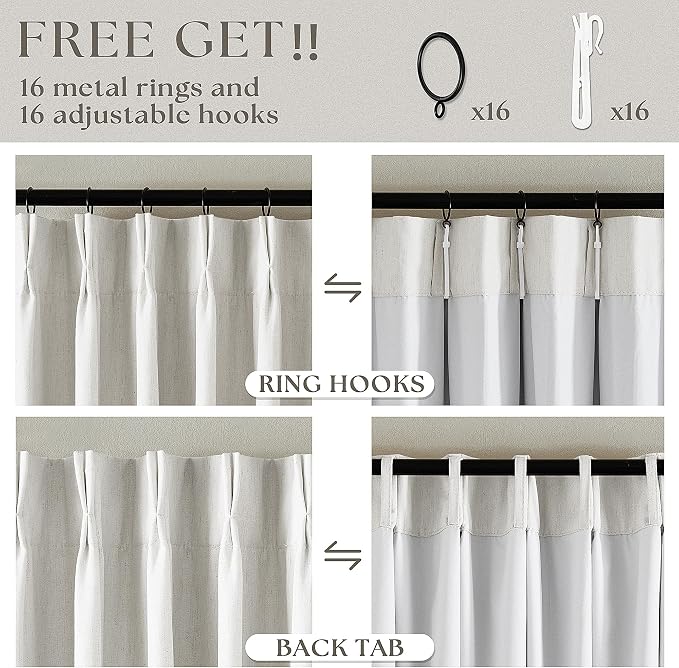 Extra Long 100% Blackout Linen Curtains 120 Inches Long for Living Room Bedroom Large Window Pinch Pleated with Hooks Rings Back Tab Thermal Insulated Light Blocking Boho Track Curtains Birch Ivory