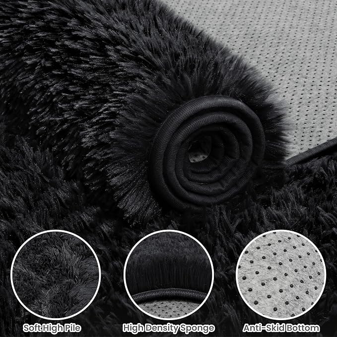 4x6 Area Rug for Living Room, Ultra Soft Fluffy Shag Rugs for Bedroom, Non-Slip Large Fuzzy Plush Rug Indoor Floor Carpet for Nursery Kids Office Dorm Modern Decor, Black