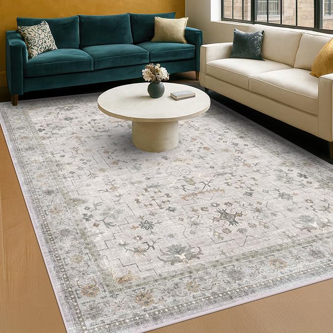 Washable Light Gray & Sage Living Room Rug 6x9 - Boho Geometric Area Rugs for Dining Under Table, Neutral Floral Bedroom Carpet, Modern Vintage Low Pile Stain Resistant