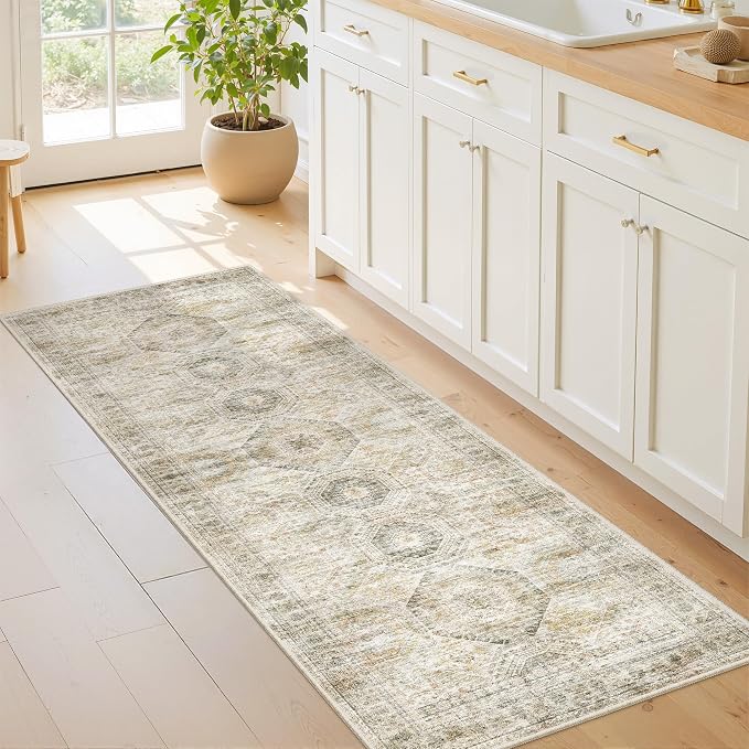 Washable Runner Rugs for Bedroom - 2x6 Runner Rug Non Slip, Ultra-Thin Entryway Runner, Soft Abstract Kitchen Runner for Hallway, Laundry, Bathroom, Indoor Door Mat(2'x6', Grey/Yellow)