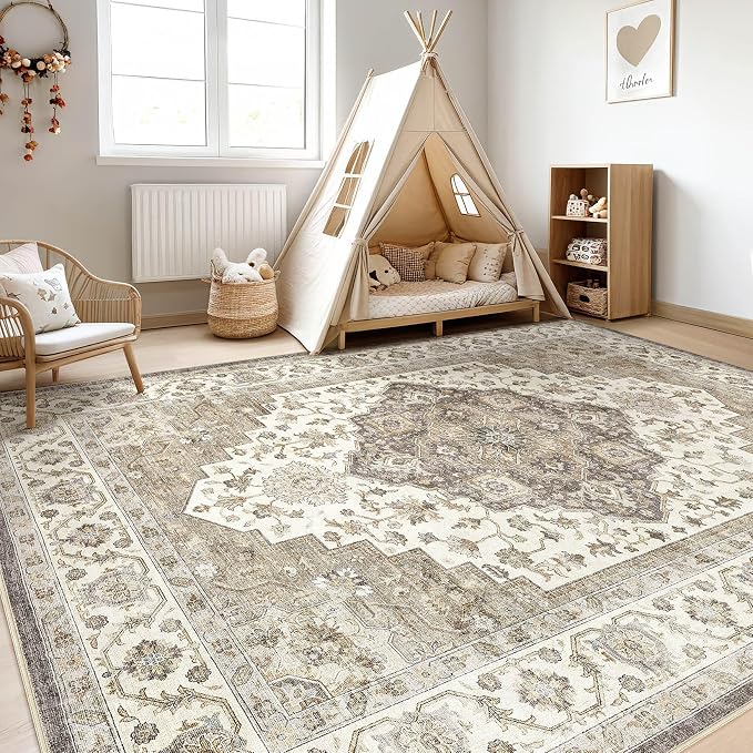 7x9 Area Rugs Living Room: Washable Boho Large Neutral Vintage Soft Rug Stain Resistant Farmhouse Non-Slip Indoor Floor Carpet for Bedroom Nursery Kids Playroom Office Dining Room Home- Brown Beige