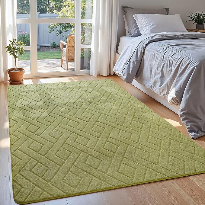 Macgace Ultra Soft Green Area Rug for Bedroom, 4x6 Modern Geometric Shag Rugs with Nonslip Backing for Living Room, Washable Fuzzy Carpet for Cozy Kids Room
