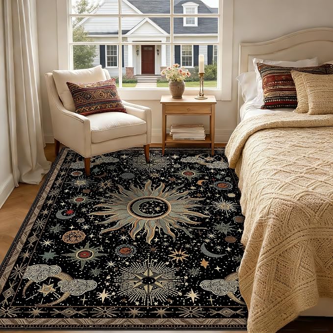 Vacuum-Friendly, 6x9 Washable Area Rug, Black Gold Beige Red | Sun and Moon Boho Gothic Non-Slip Low Pile Living Roon Bedroom Dining Room Kitchen Entry Entryway Entrance Hallway Doormat