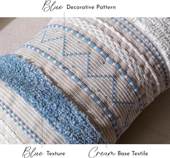 BlissBlush 14x36 Lumbar Pillow Cover for Bed, Rectangular Long Decorative Throw Pillowcase, Boho Accent Cushion with Blue Tufted Pattern and Tassels, Cream Neutral (Cover Only)