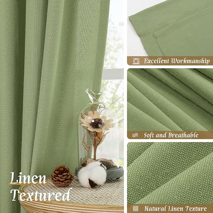LAMIT Sage Green Linen Curtains 72 inches Long for Living Room, Soft Thick Semi Sheer Light Filtering Rod Pocket Privacy Window Treatments Drapes for Bedroom, 2 Panels Set, 52 x 72 Inch
