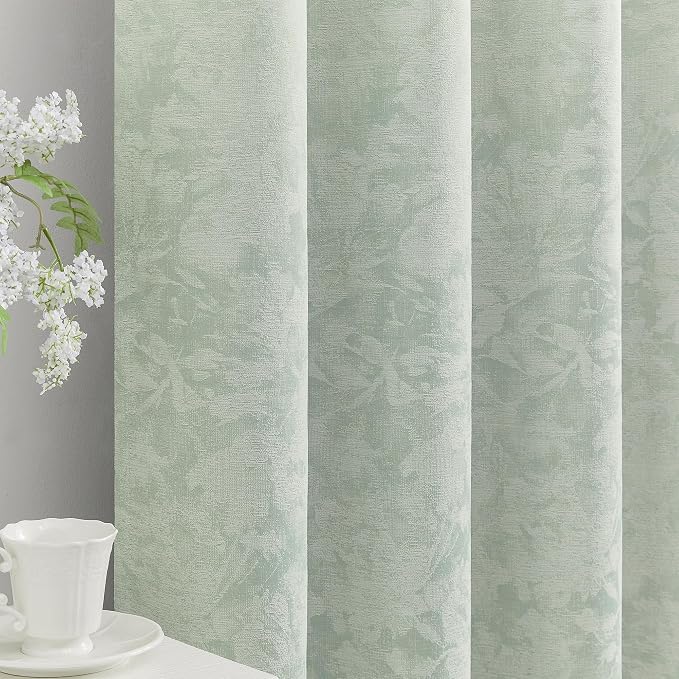 Beauoop Green Floral Jacquard Blackout Curtains for Bedroom 52x90 2 Panels | Flower Chenille Room Darkening Drapes for Living Room 90 Inch Long Thermal Insulated Soundproof Window treatment Grommet