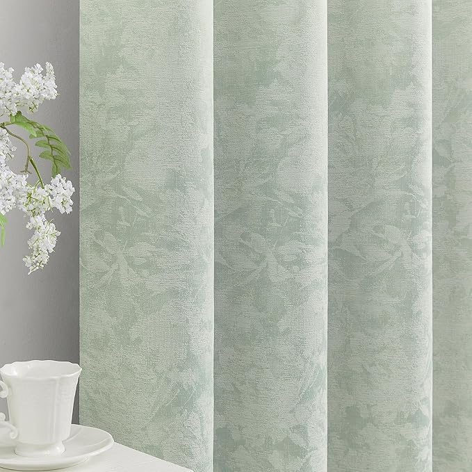 Beauoop Green Floral Jacquard Blackout Curtains for Bedroom 52x108 2 Panels | Flower Chenille Room Darkening Drapes for Living Room 108 Inch Long Thermal Insulated Soundproof Window treatment Grommet