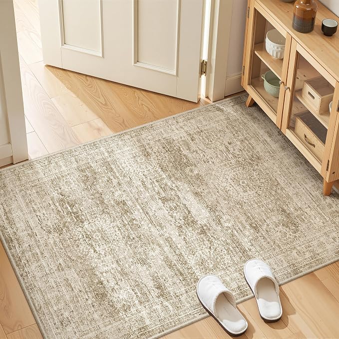3x4 Rugs for Entryway,Washable Area Rug,Brown | Small Rug for Kitchen,Hallway,Bedroom,Bathroom,Thin,Soft, Neutral Rug,Stain Resistant Indoor Carpet,Non Slip