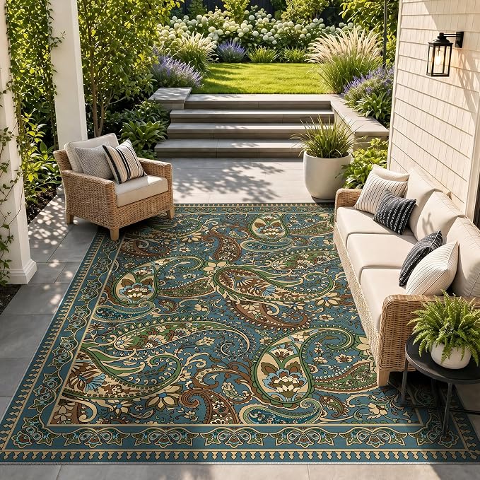 Arenarug Paisley Outdoor Rug Waterproof 6x9, UV Resistant Non Slip Patio Rug, Indoor Outdoor Boho Camping Rug Linen-Look RV Carpet for Deck Balcony Backyard, Sage&Blue