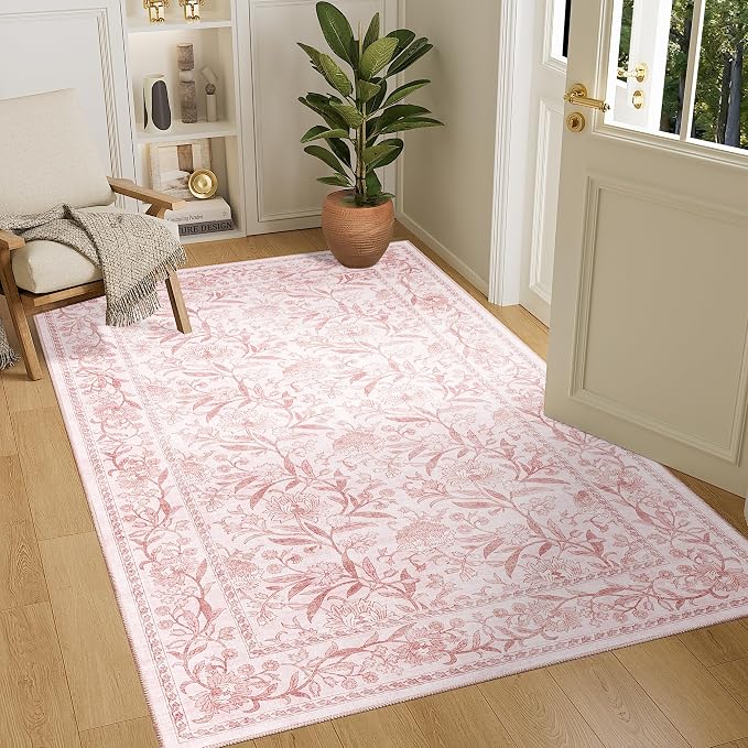DUKINO 4x6 Area Rug, Washable Vintage Floral Rug for Living Room Light Pink | Non Slip, Low Pile, Stain Resistant Boho Lightweight Soft Indoor Carpet for Bedroom Office Dining Room Entryway Farmhouse
