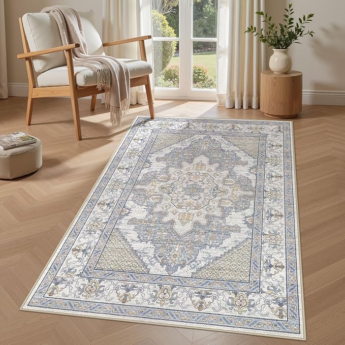 Tortania Area Rug Living Room Rugs - 3x5 Washable Rug Vintage Oriental Distressed Farmhouse Small Thin Indoor Carpet for Living Room Bedroom Under Dining Table Home Office - Blue Beige