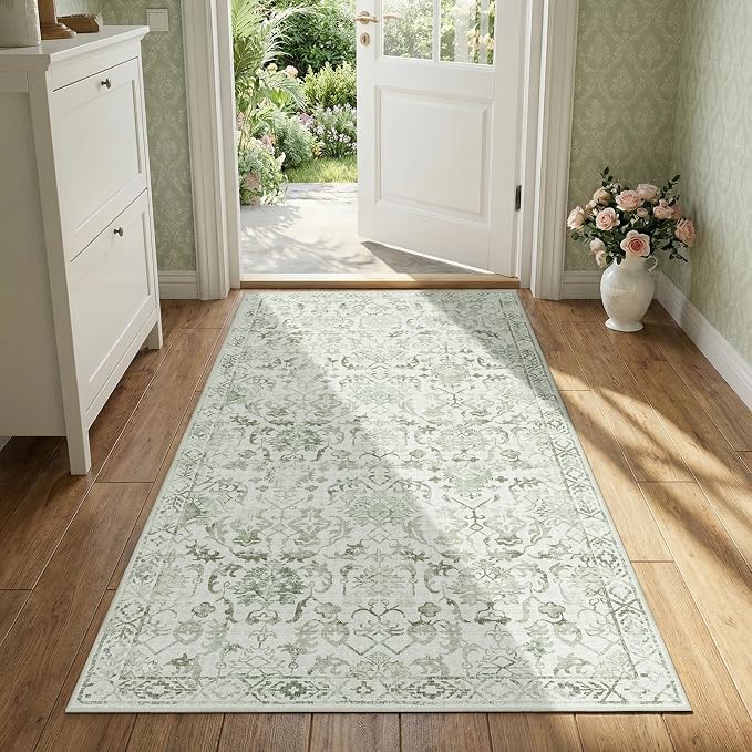 Sage Green 2x4 Runner Rug for Hallways Bed Side Kitchen, Boho Washable Distressed Low-Pile Floor Entryway Long Bathroom Mat, Non-Slip Laundry Room Washstand Front Carpet Green 24x48 Inch