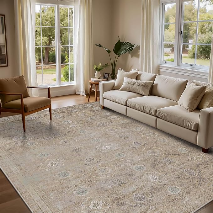 Rugxara Beige Neutral Area Rugs 5x7 Washable Rug for Living Room Bedroom | Non Slip, Rug for Dining Room Dorm Office Farmhouse, Stain Resistant, Soft, Vintage Boho Carpet, Low Pile, Home Decor