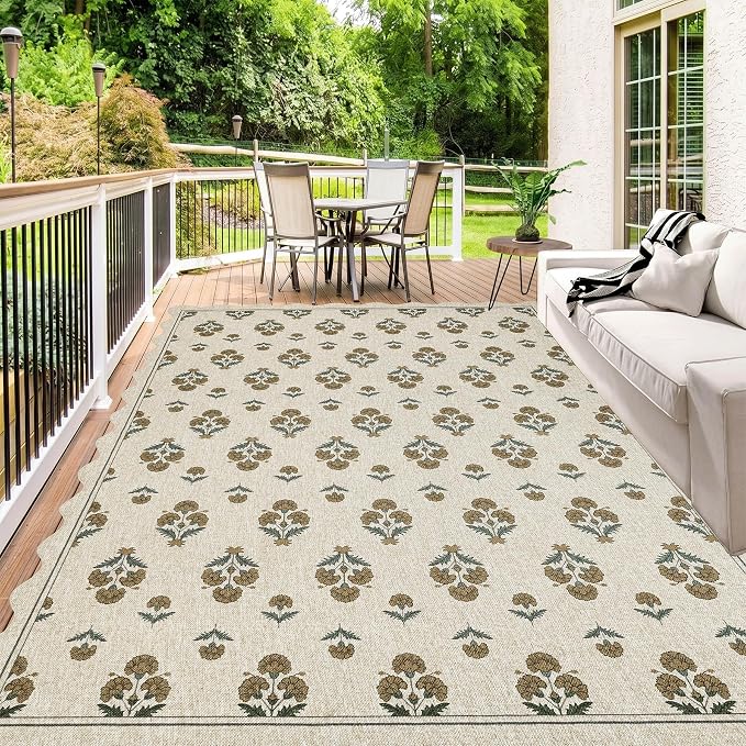 ORTIGIA Scalloped Easy Jute 8x10 Area Rug Vintage Yellow Block Floral Farmhouse Washable Rug Non-Slip Indoor Outdoor Carpet for Living Room Bedroom Patio Entryway