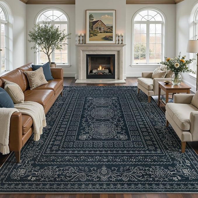 Nakagishi 7x10 Area Rugs Living Room: Washable Large Vintage Rug Neutral Non-Slip Soft Stain Resistant Indoor Carpet for Bedroom Nursery Dining Room Office Playroom - Navy