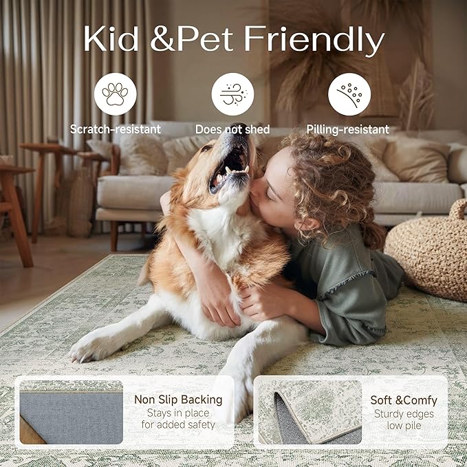 HUGEAR Green 8x10 Area Rug Washable for Living Room Soft Vintage Rug Carpet Non-Shedding & Non-Slip Indoor Home Decor Bedroom Dining Room Kitchen Office Low Pile Floor Mat