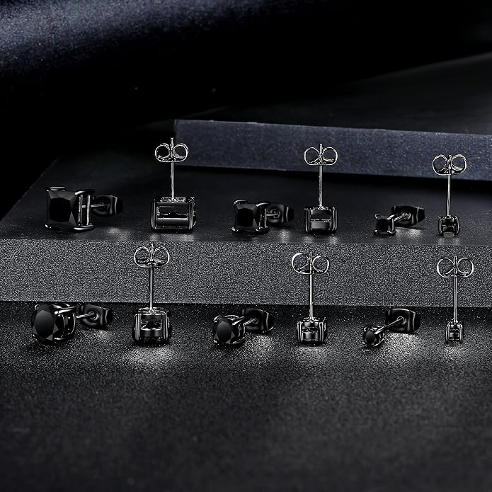MDFUN 6 Pairs Stud Earrings Set 3mm/5mm/7mm Princess & Round Cubic Zirconia Earrings Hypoallergenic 316L Surgical Stainless Steel CZ Earrings for Women Men