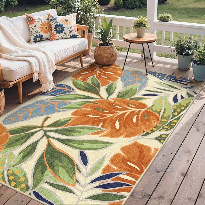 GENIMO 4x6 Outdoor Rug, Washable for Porch and Patio, Rust Sage | Botanical leaf design for balcony; fade resistant chenille with quick-dry non-slip backing for deck and indoor space.