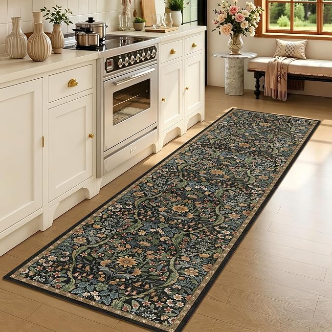 2x8 Washable Runner Rug,Black Brown Floral Boho Area Rug for Hallway,Low-Pile Non-Slip Stain Resistant Carpet for Kitchen, Bedside,Laundry Room,Entryway
