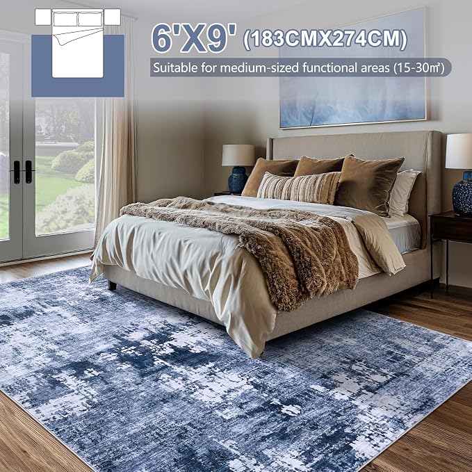 DMOYEST Area Rug Living Room Rugs - 6x9 Washable Large Soft Indoor Neutral Modern Abstract Low Pile Rug Carpet for Bedroom Dining Room Farmhouse Home Office - Navy Blue