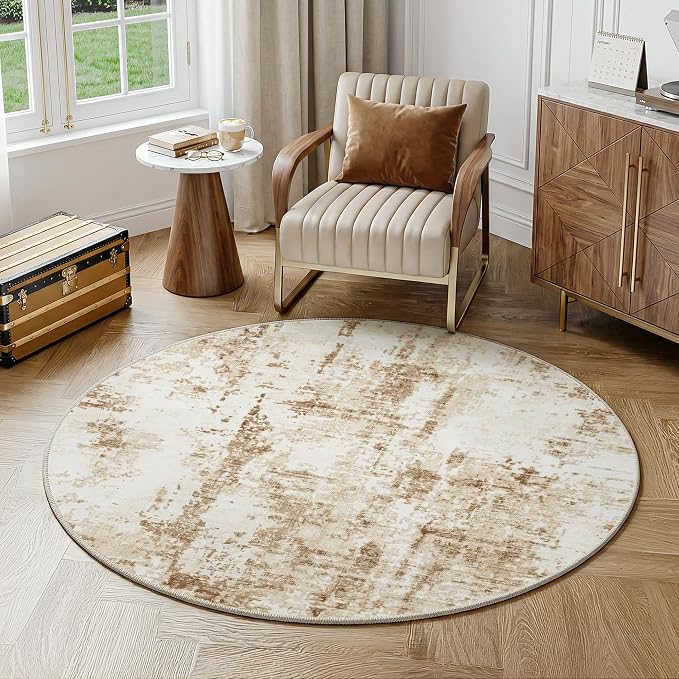 FMFUNCTEX 3ft Round Washable Area Rug Brown Beige Abstract Modern Neutral Small Non Slip Carpet for Living Room Bedroom Soft Low Pile Indoor Mat Retro Thin Throw Rug for Entryway Bathroom Bedside