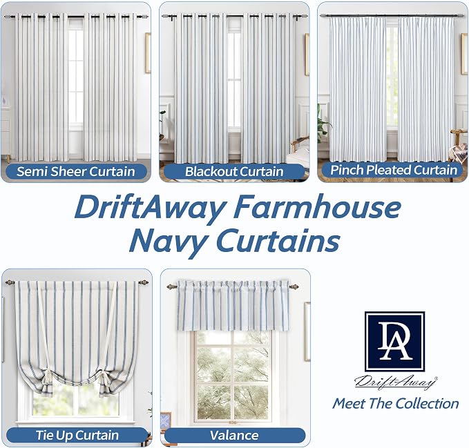 DriftAway Farmhouse Stripe Blackout Curtains, W52xL96, Navy Blue | Blackout, Linen Texture, Stripe Pattern, Rod Pocket & Back Tab, Two Layers, Bedroom Living Room Use, Sound Reducing Design