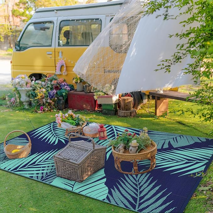 GENIMO Outdoor Rug, Waterproof Plastic Rugs for Patio, 5'x8' Blue Green | Outside Larger Leaf Carpet Mat for Porch Decor, Deck, Balcony, Camping, RV, Backyard, Picnic, Beach, Reversible, Foldable