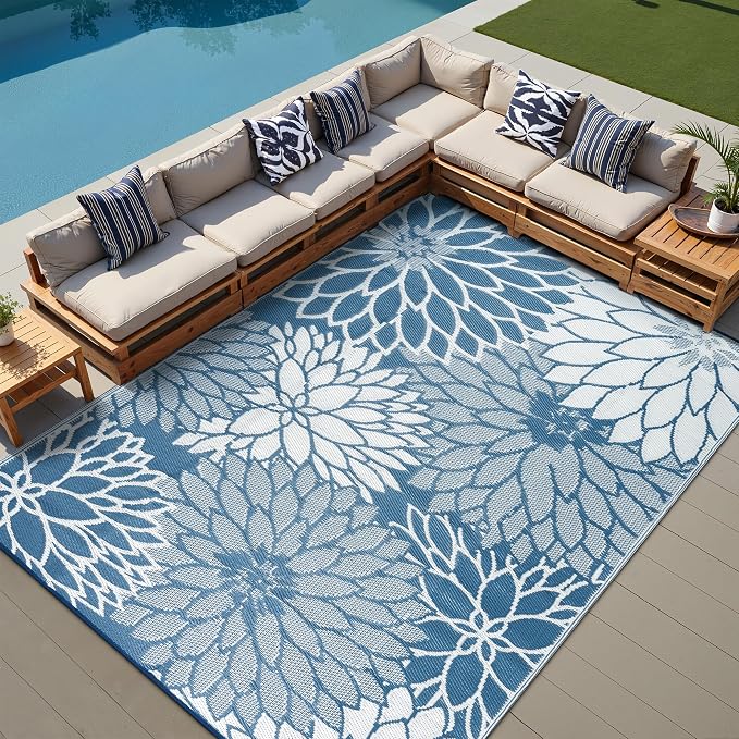 HUGEAR 9'x12' Outdoor Rug Waterproof Plastic Straw Rugs Large Blue Reversible Floral Mat Floor Carpet for Camping RV Deck Entryance Porch Picnic Balcony Beach Backyard