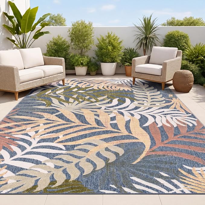 JONATHAN Y Tropics Palm Leaves Indoor Outdoor Area Rug 4X6 Dark Blue/Multi | Ships Rolled, Durable Flat Weave, Lays Flat for Backyard, Patio, Porch, Easy-Cleaning, High Traffic,Pet-Friendly,Non-Shedding