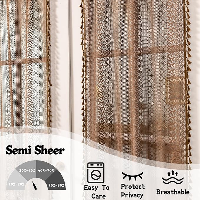 Sutuo Home Dark Coffee French Boho Door Curtains for Front Door Glass & Sidelights, Farmhouse Light Filtering Bohemian Tassels Vintage Privacy Drapes for Door Window, Rod Pocket 2 Panels 25" W x 72" L