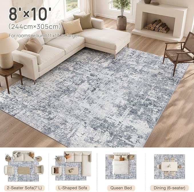 cotiled Washable Area Rug 8x10, Non-Slip Soft Neutral Rug for Living Room | Modern Abstract Carpet, Stain Resistant and Kid & Pet Friendly, Ideal For Bedroom, Dining Room, Nursery, Office - Blue/Gery