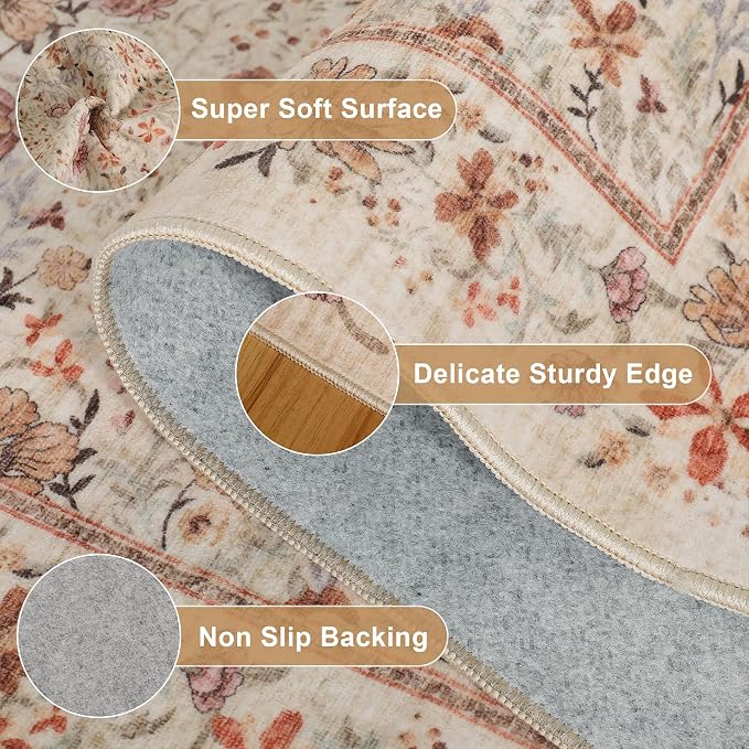 DUKINO 8x10 Area Rugs, Vintage Floral Washable Rug for Living Room, Beige | Non Slip, Low Pile, Non-Shedding, Stain Resistant, Aesthetic Soft Indoor Large Carpet for Bedroom, Dining Room, Farmhouse