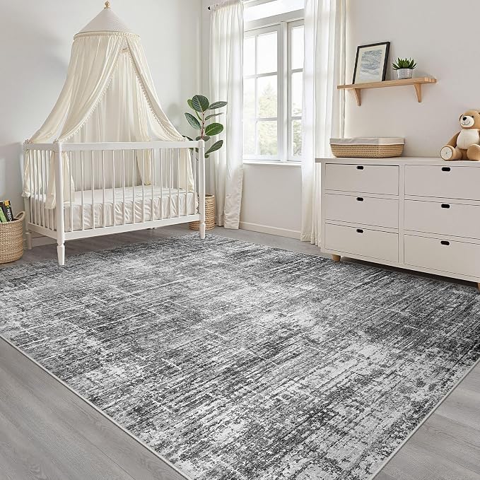 5x8 Area Rug Living Room: Washable Large Neutral Black Rug Abstract Soft Modern Stain Resistant Indoor Floor Non-Slip Carpet for Bedroom Nursery Kids Office Playroom Dining Room Under Table Home
