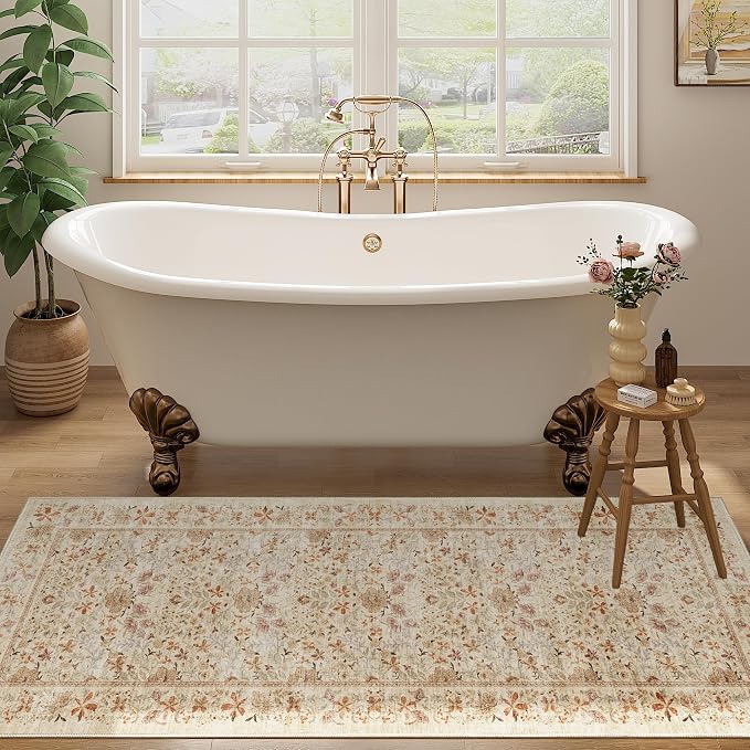 DUKINO 2x5 Rug Runner, Washable Vintage Floral Bathroom Rugs, Beige | Non Slip, Low Pile, Stain Resistant, Lightweight Soft Carpet Runner for Laundry Room Kitchen Hallway Bedroom, Non-Shedding
