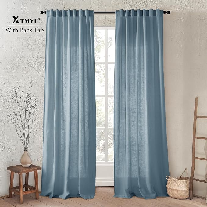 XTMYI Dusty Blue Curtains 96 Inches Long for Living Room,Light Filtering Country Vintage Hooks Pleated Back Tab Semi Sheer Linen Curtains for Bedroom 2 Panels Set,Stone Blue