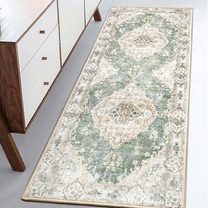 MUJOO Green Runner Rug Washable 2x6 Area Rugs Non Slip Low-Pile Flowers | Long Throw Carpet for Hallways Entryway Kitchen Bathroom Bedside Bedroom Laundry Boho Soft Indoor Retro Floral Sage Green