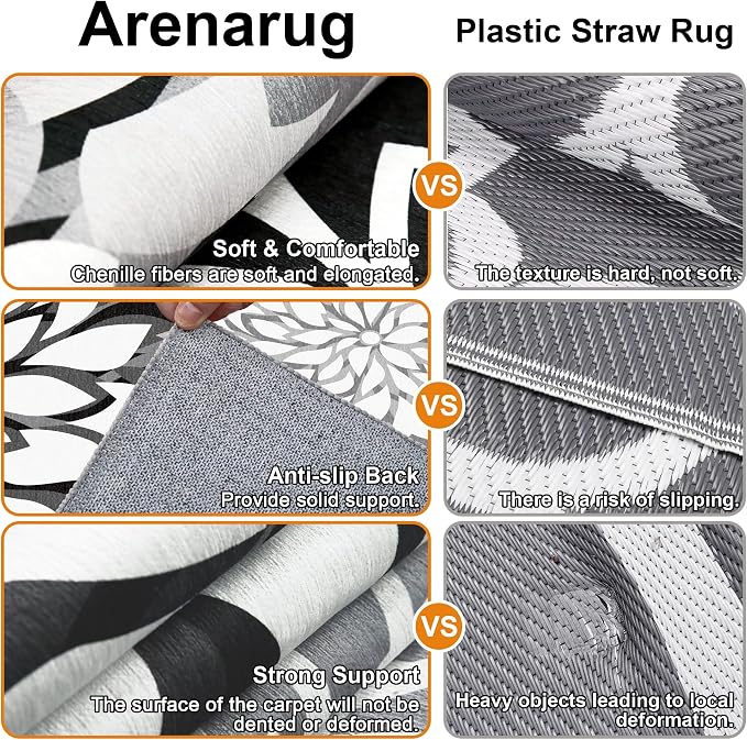 9x12 Outdoor Area Rug Washable Multicolored Patio Rug Tropical Botanical Floral Chenille Waterproof Outdoor Carpet Non-Slip for Deck, Backyard, Porch, Black