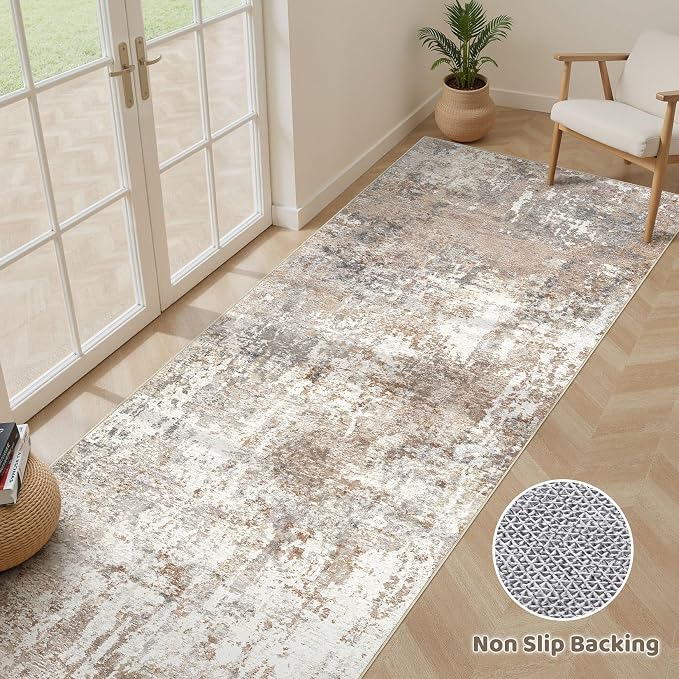 Runner Rug Kitchen Washable Rugs: 2x10 Non-Slip Abstract Soft Modern Stain Resistant Indoor Floor Neutral Accent Throw Carpet for Hallway Bathroom Laundry Room Entryway Bedroom- Brown