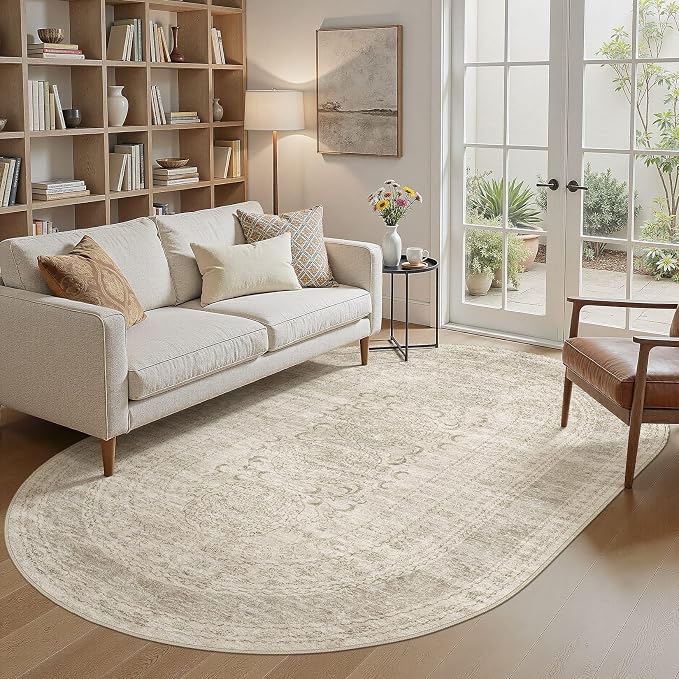 Nakagishi Oval Rugs for Bedroom: Machine Washable Area Rug 6x9, Non-Slip Carpet for Living Room, Playroom, Nursery, Ding Room, Boho Rug Low Pile Non-Slip & Stain Resistant