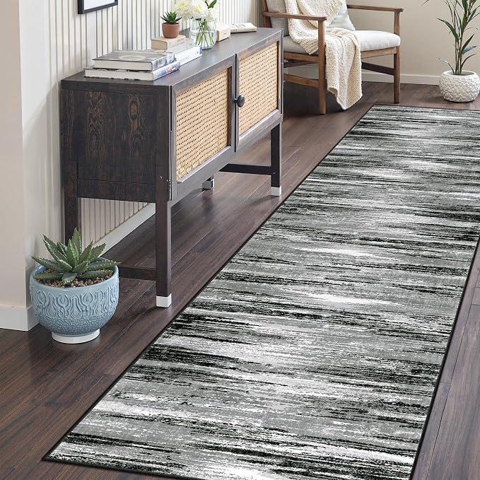2'6 x 8' Runner Rug Non Slip,Washable Kitchen Rugs,Black | Neutral Rugs for Kitchen,Entryway,Bedroom,Bathroom,Nursery Room,Thin,Soft Runner Rug,Stain Resistant Indoor Carpet