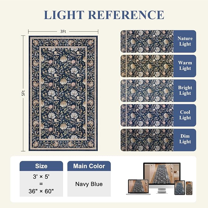 DUKINO 3x5 Rug, Washable Vintage Floral Bedroom Area Rug Non Slip Navy Blue | Low Pile, Non-Shedding, Stain Resistant Boho Lightweight Soft Indoor Carpet for Bathroom Office Dining Living Room Farmhouse