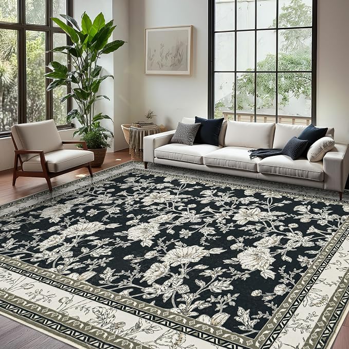Large Black and Beige Area Rug 10x12 for Living Room Large Charcoal Cream Taupe Pattern Modern Boho for Bedroom Soft Vintage Area Rug Farmhouse Floral Carpet for Dining Room Guest Bedroom Home Decor