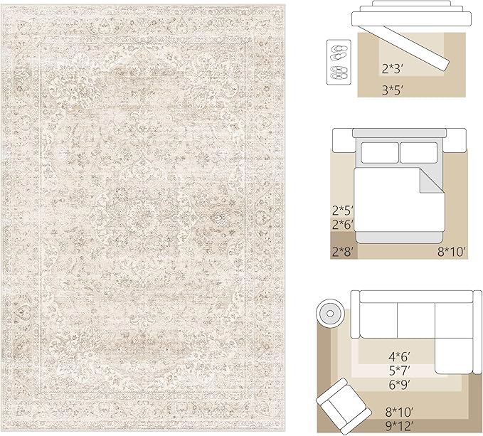 FMFUNCTEX 8x10 Washable Area Rug Neutral Beige Vintage Distressed Oriental Non Slip Low Pile Floral Rug for Living Room Bedroom Cream Traditional Soft Thin Retro Indoor Carpet for Dining Room Office