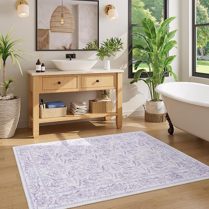DUKINO 3x5 Rug, Washable Vintage Floral Bedroom Area Rug Non Slip, Purple | Low Pile, Non-Shedding, Stain Resistant Boho Lightweight Soft Indoor Carpet for Bathroom Office Dining Living Room Farmhouse