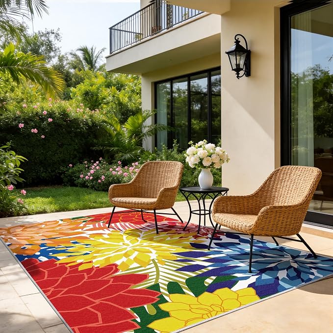 ZonLi Colorful Outdoor Rug 8x10Ft Waterproof Multicolored Indoor Area Rug Washable Outdoor Patio Rugs Tropical Floral Non Slip Outdoor Carpet for Living Room, Pool,Backyard,Deck,Camping